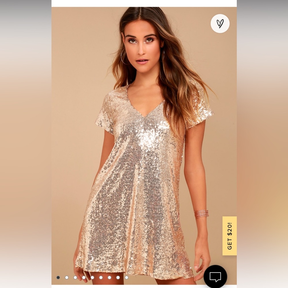 Lulu’s Light Up the Night Champagne Sequin Shift Dress, Size XS